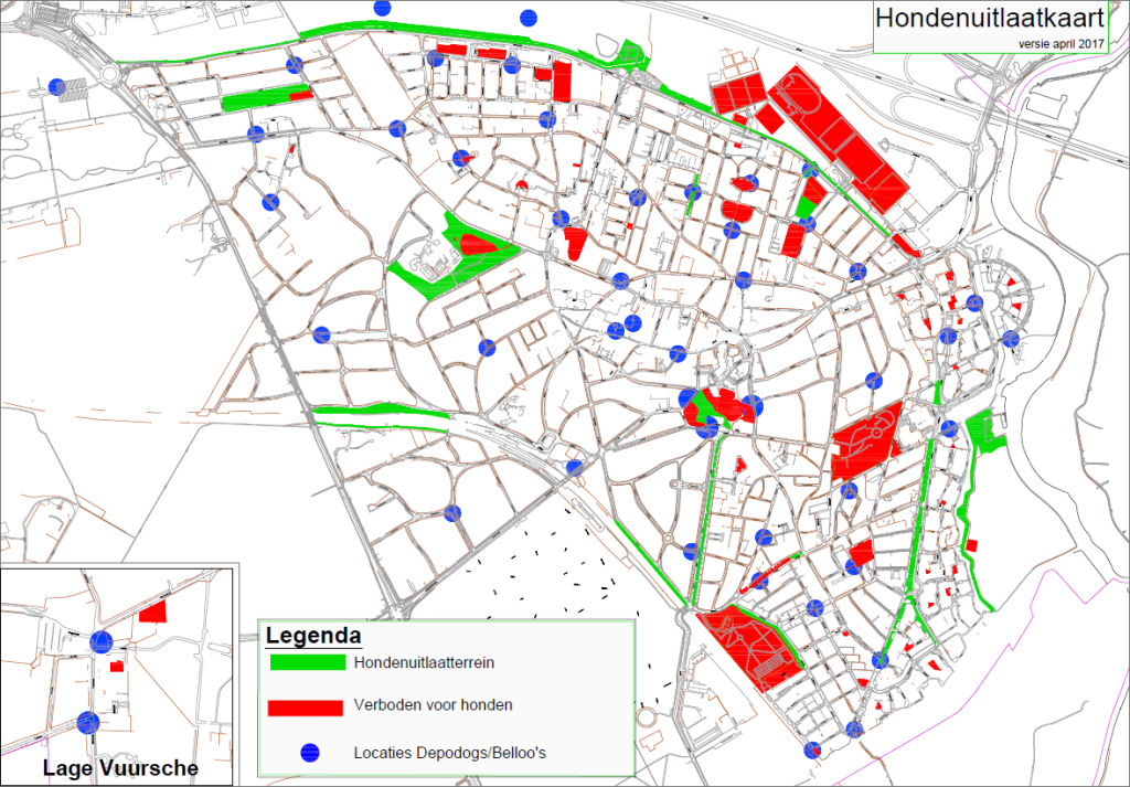 Weergave van de hondenuitlaatkaart: hier vindt u de uitlaatterreinen voor honden, locaties waar honden zijn verboden en locaties van Depodogs/ Belloo's